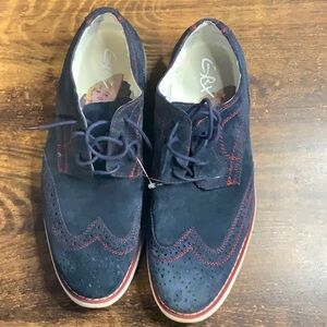 GBX Mens Dark Blue Suede Leather Dress Casual Shoes Size 9.5M - Red Stitching